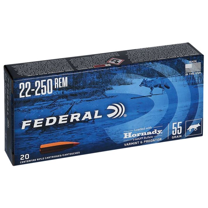 Federal V22250VM2 Varmint & Predator22-250Rem 55gr Hornady V-Max 20 Per Box/10 Case