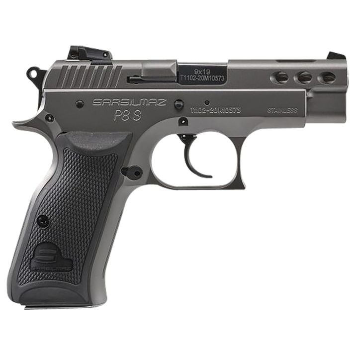 SAR USA P8SST P8SCompact Frame 9mm Luger 17+1 3.80" Black Ported Steel Barrel, Stainless Steel Ported/Serrated Slide, Steel Frame w/Beavertail, Black Polymer Grip, Right Hand