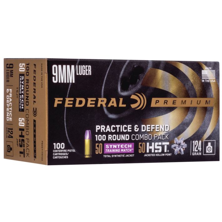 Federal P9HST1TM100 Premium Practice & Defend 9mmLuger 124gr HST JHP/Syntech TSJ 100 Per Box/5 Case