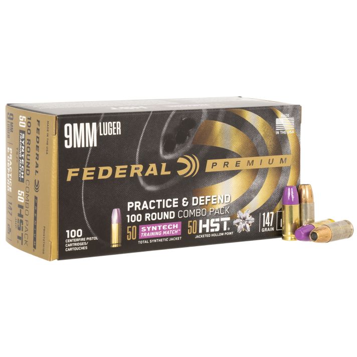 Federal P9HST2TM100 Premium Practice & Defend 9mmLuger 147gr HST JHP/Syntech TSJ 100 Per Box/5 Case