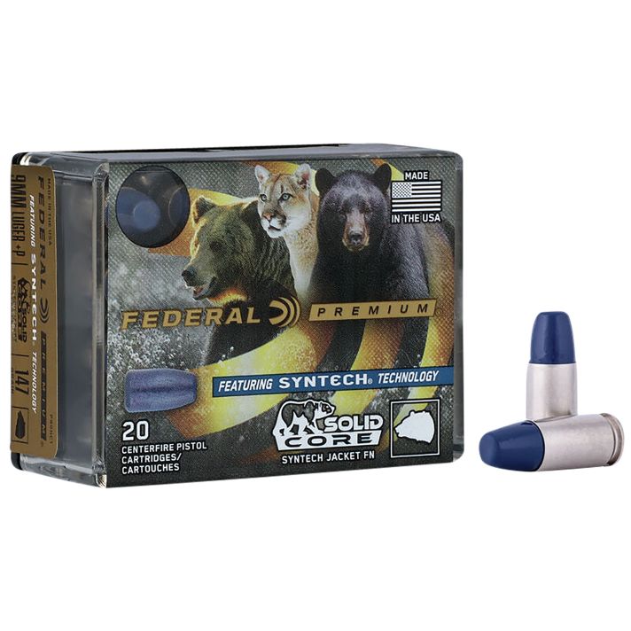 Federal P9SHC1 Premium9mmLuger+P 147gr Solid Core Synthetic Flat Nose 20 Per Box/10 Case