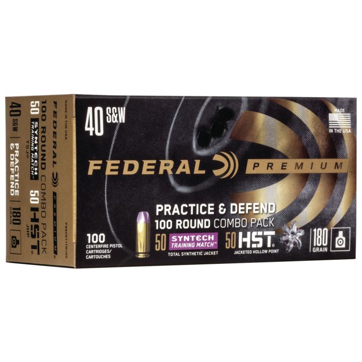 Federal P40HST1TM100 Premium Practice & Defend 40S&W 180gr HST JHP/Syntech TSJ 100 Per Box/5 Case