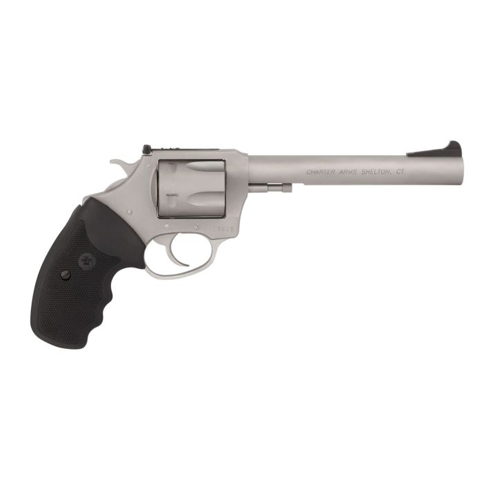 Charter Arms 73566 Mag Pug Target Extra Large 357 Mag, 6 Shot 6" Matte Stainless Steel Barrel, Cylinder & Frame w/Black Finger Grooved Rubber Grip