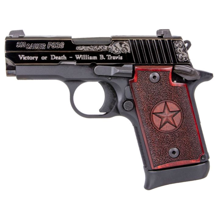 Sig Sauer 9389TXSAMBI P938 Texas Engraved Silver 9mm Luger 3" 7+1 Black Aluminum Frame Black Nitron Stainless Steel with Silver Accents Slide Redwood Grip Night Sights