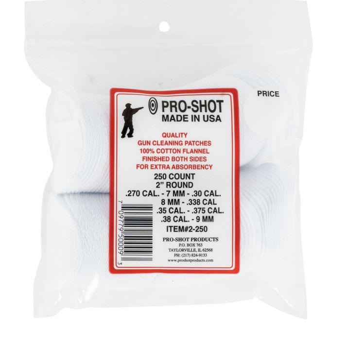 Pro-Shot 2250 Cleaning Patches.270 - .38 Cal 2" Round Cotton Flannel 250 Pack
