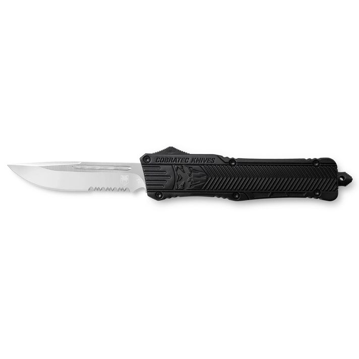 CobraTec Knives LBCTK1LDS CTK-1Large 3.75" OTF Drop Point Part Serrated D2 Steel Blade/ Black Aluminum Handle Features Glass Breaker Includes Pocket Clip