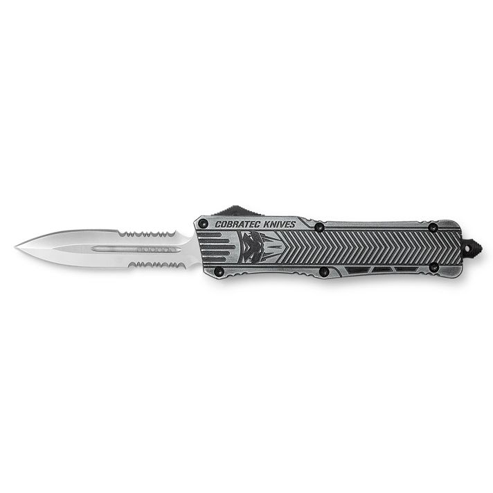 CobraTec Knives LSWCTK1LDG2SS CTK-1Large 3.75" OTF Dagger Part Serrated D2 Steel Blade/ Stonewashed Aluminum Handle Features Glass Breaker Includes Pocket Clip