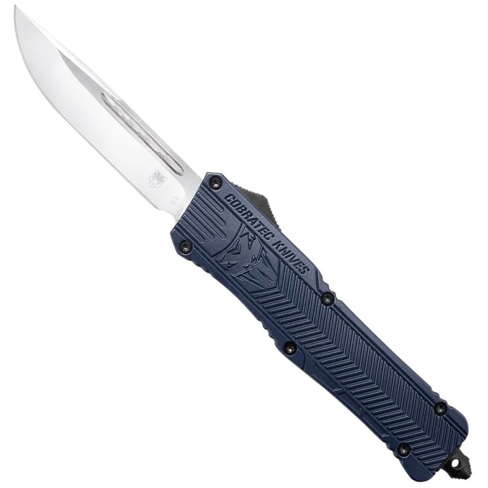 CobraTec Knives LNYCCTK1LDNS CTK-1Large 3.75" OTF Drop Point Plain D2 Steel Blade/NYPD Blue Aluminum Handle Features Glass Breaker Includes Pocket Clip