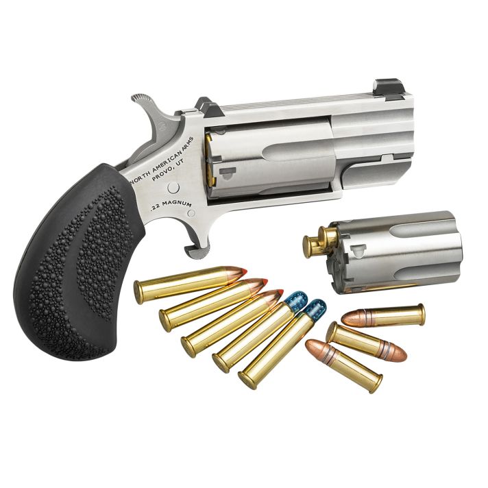 North American Arms PUGDC Pug22 LR or 22 WMR 5 rd 1" Barrel, Overall Stainless Steel Finish, Black Rubber Grip Includes Cylinder