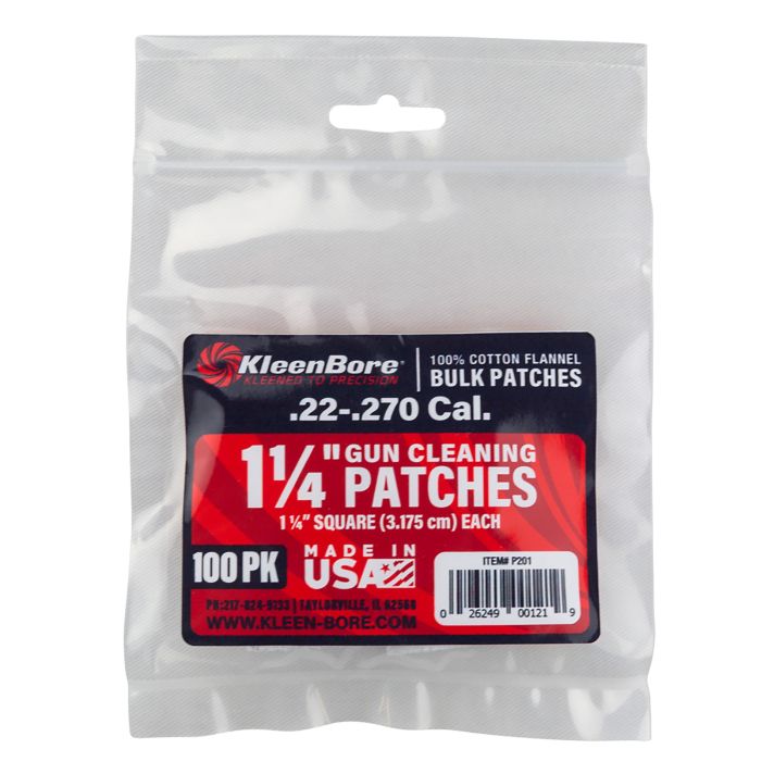 KleenBore P201 Super Shooter.22 - .270 Cal 1.25" 100% Cotton Flannel 100 Per Pack