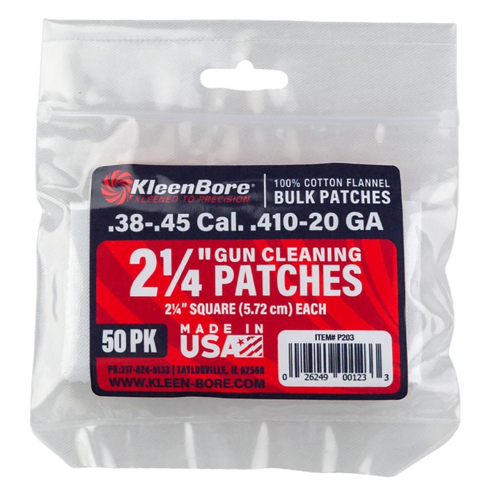 KleenBore P203 Super Shooter.38/ .45 Cal 20/.410 Gauge 2.25" 100% Cotton Flannel 50 Per Pack