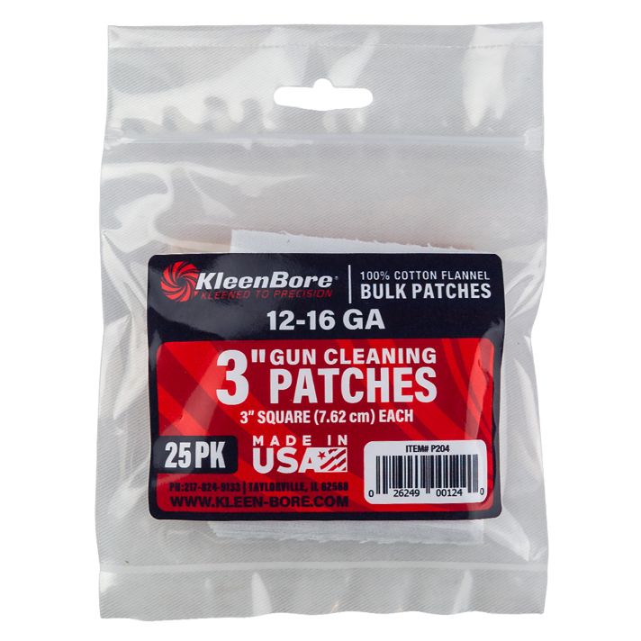 KleenBore P204 Super Shooter12-16 Gauge Shotgun 3" 100% Cotton Flannel 25 Per Pack