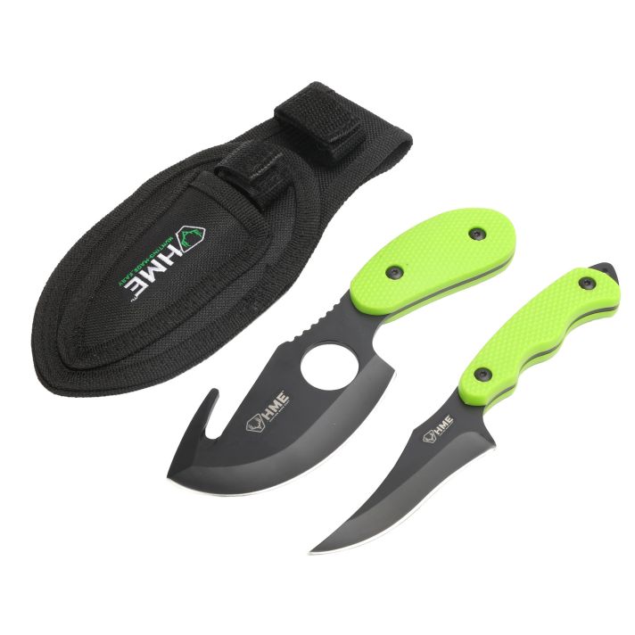 HME HMEKN2PSGC Skinning Kit3.50" Fixed Skinner w/Gut Hook/Caping Plain/Gut Hook Black Oxide 420HC Blade, TPR Green Handle