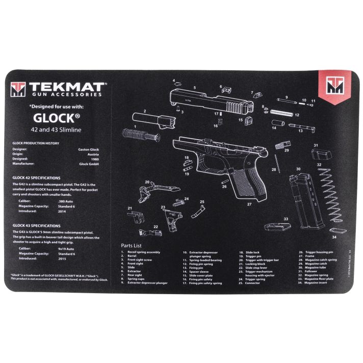 TekMat TEKR17GLOCK4243 Glock 42/43 Cleaning Mat Black/White Rubber 11"x17" Glock 42/43 Parts Diagram