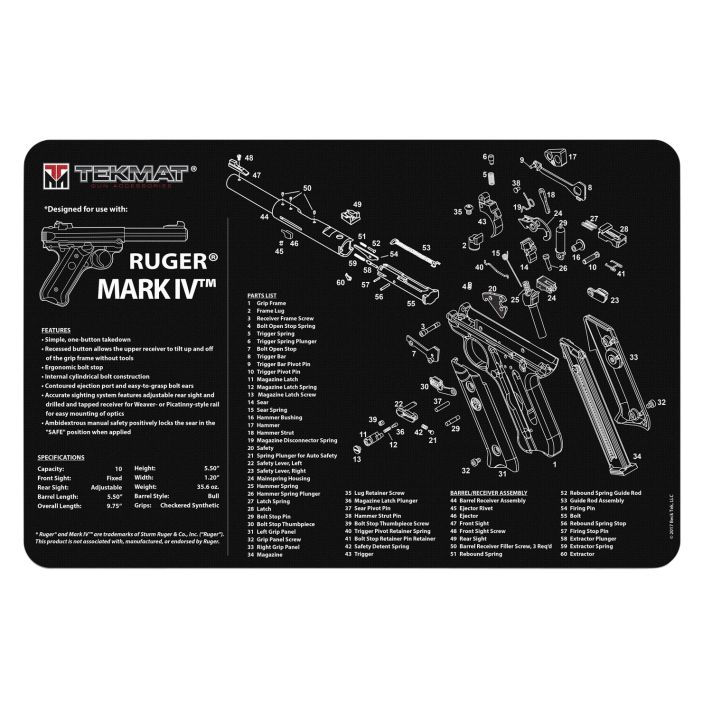 TekMat TEKR17RUGERMK4 Ruger Mark IV Cleaning Mat Black/White Rubber 11"x17" Ruger Mark IV Parts Diagram