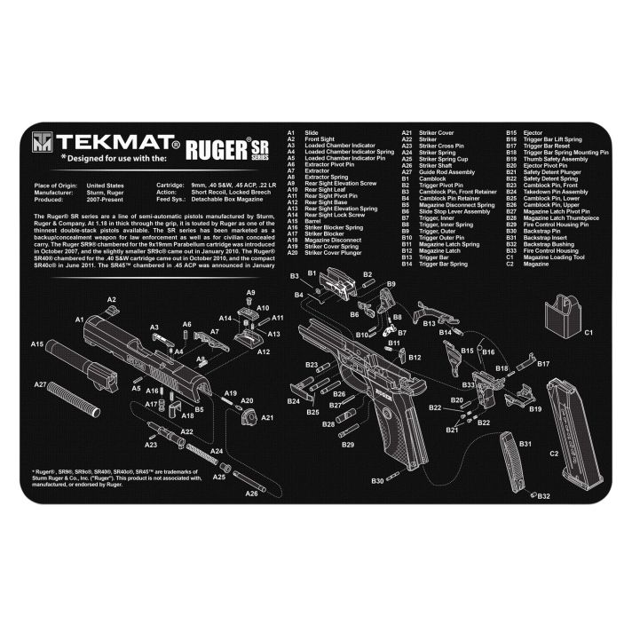 TekMat TEKR17RUGERSR9 Ruger SR 9 Cleaning Mat Black/White Rubber 11"x17" Ruger SR9 Parts Diagram