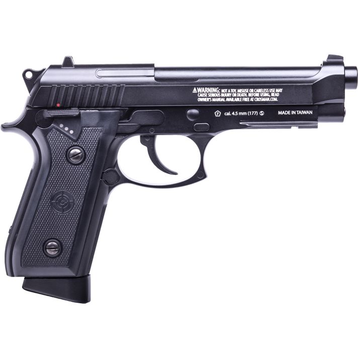 Crosman PFAM9B Full Auto Air Pistol CO2 177 BB 20rd Smooth Bore Brass Barrel, Blow Back Action, Fixed Front/Notched Rear Sights, Full Metal Frame, Black Polymer Grips, Selector Safety