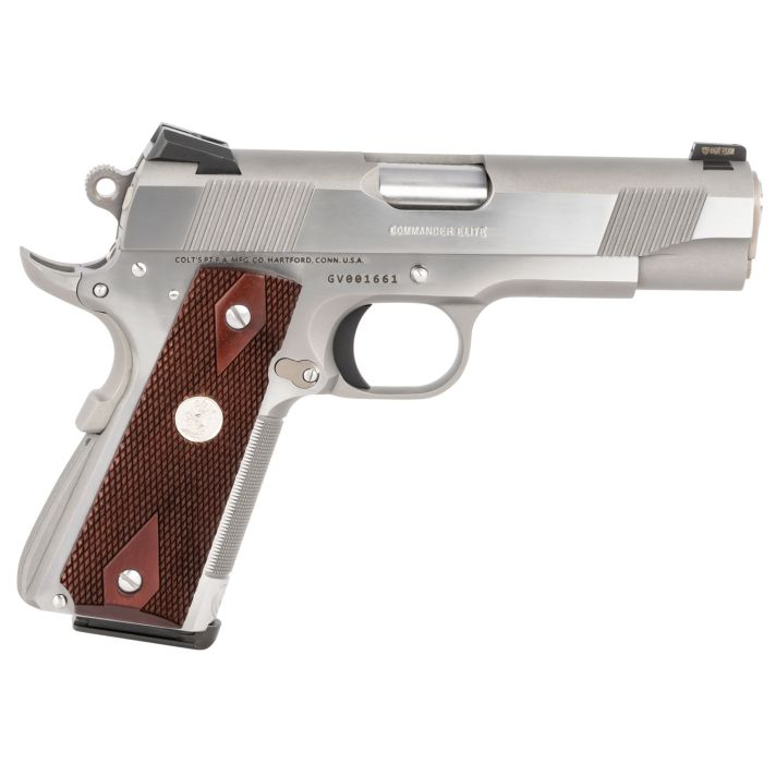 Colt Mfg O4012XSZ Combat Elite Commander 1911 45 ACP 8+1 4.25" Stainless National Match Barrel, Brushed Stainless Serrated Slide & Frame w/Beavertail, Double Diamond Checkered Wood Grip, Ambidextrous