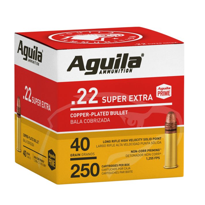 Aguila 1B221100 Super Extra Rimfire 22LR 40gr Copper Plated Solid Point 250 Per Box/8 Case