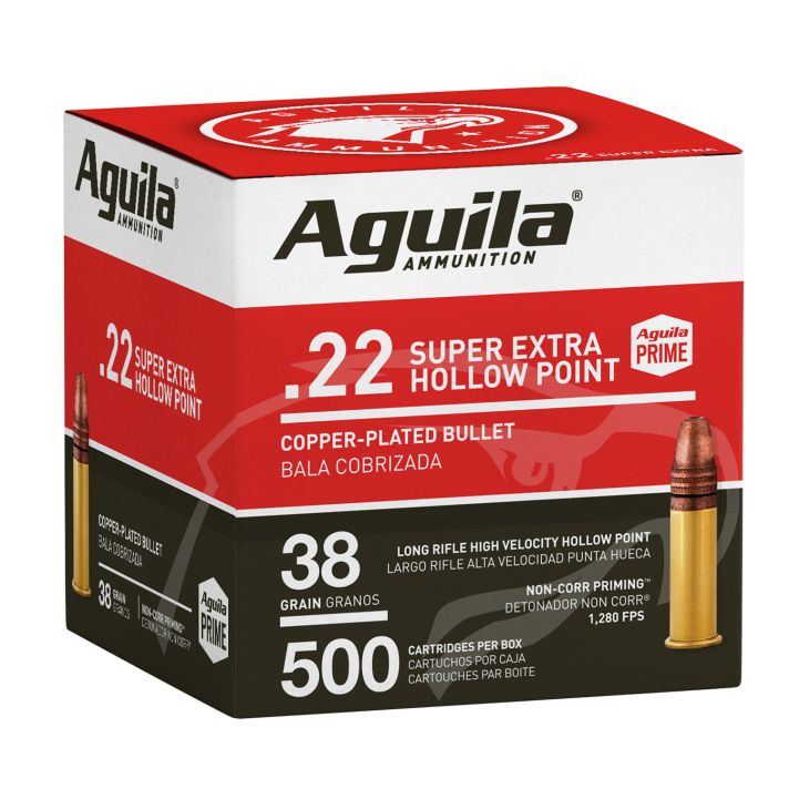 Aguila 1B221118 Super Extra Rimfire 22LR 38gr Copper Plated Hollow Point 500 Per Box/4 Case