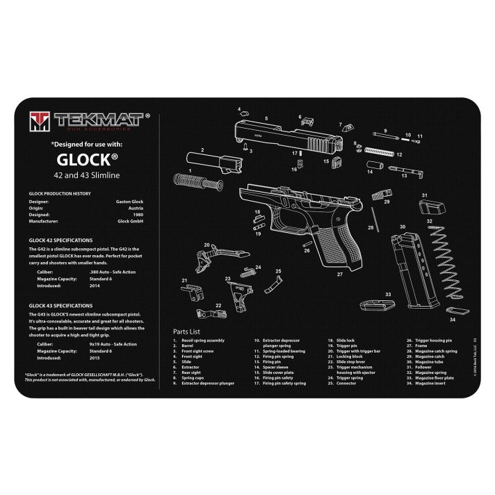 TekMat TEKR20GLOCK4243 Glock 42/43 Ultra 20 Cleaning Mat Black/White Rubber 15"x20" Glock 42/43 Parts Diagram