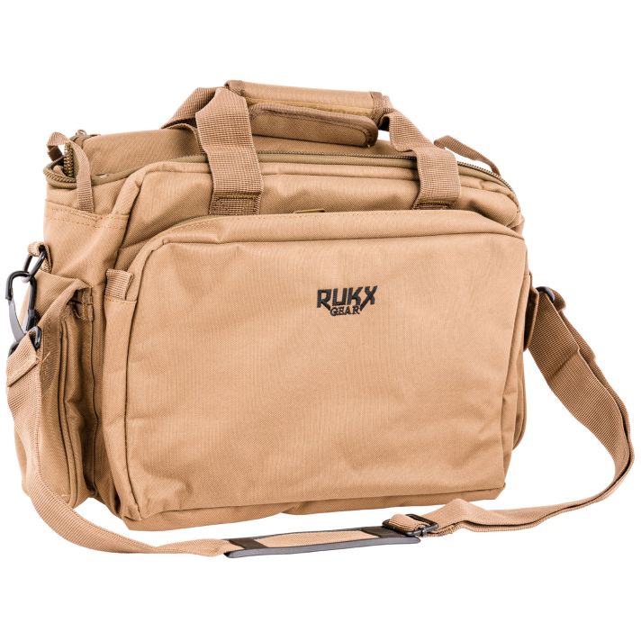 Rukx Gear ATICTRBT Tactical Range BagWater Resistant Tan 600D Polyester with Hidden Handgun Pocket, Mag & Ammo Storage, Non-Rust Zippers & Carry Handle 16" x 7.50" x 10.50" Interior Dimensions