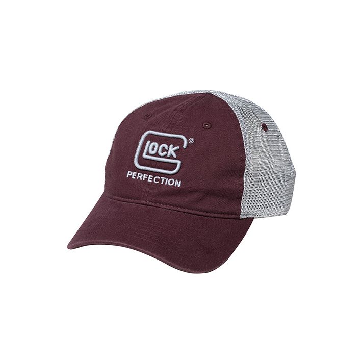 Glock AP95881 RelaxedMaroon Mesh Hat, Distressed Denim-Like Fabric Front w/Mesh Back, Unstructured Fit w/Snapback, Embroidered Glock Log
