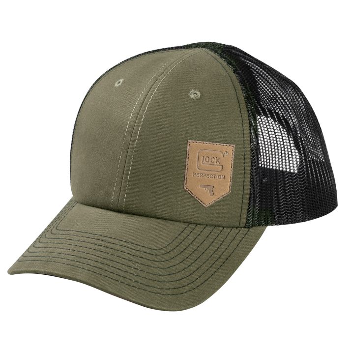 Glock AP95883 ChinoOlive Green/Black Mesh Hat w/Leather-Like Glock Shield Patch