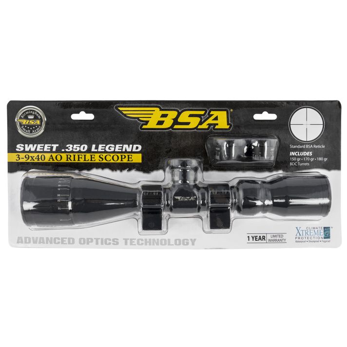 BSA 35039X40AOWRTB Sweet 350 Legend Black Matte 3-9x40mm AO 1" Tube 30/30 Reticle Features Weaver Rings