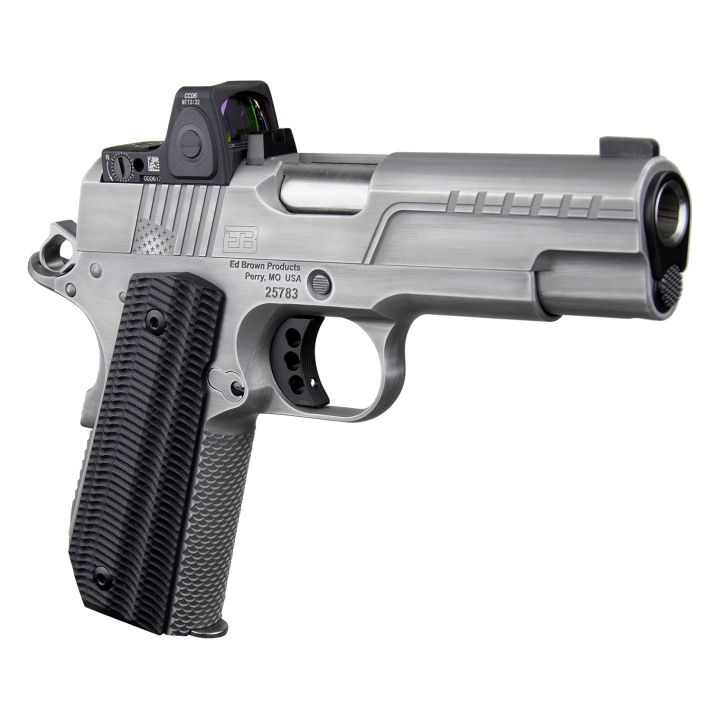 Ed Brown FX2SS FX245 ACP 7+1 4.25" Recessed Crown Barrel, Stainless Steel Engraved American Flag/Serrated Slide, Stainless Steel Frame, Trijicon RMRcc 3.25 MOA Sight