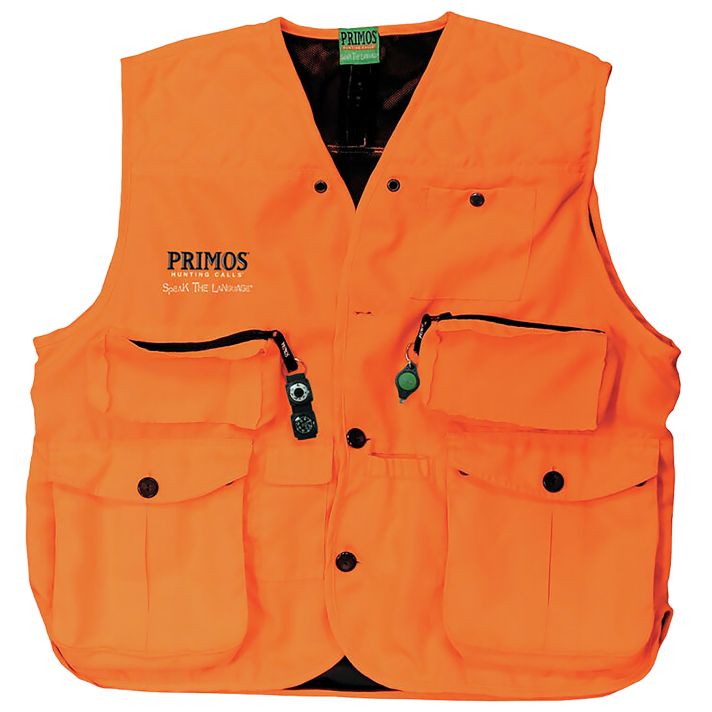 Primos 65701 Gunhunter's Hunting Vest Medium Blaze Orange Features Compass & LED Light