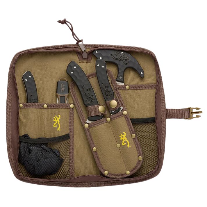 Browning 3220422B Primal ComboFixed Bone Saw/Caper/Gut Tool/Sharpening Tool/Skinner 8Cr13MoV SS Blade, Black Polymer w/Rubber Overmold Handle, 6 Piece Set, Includes Case/Gloves