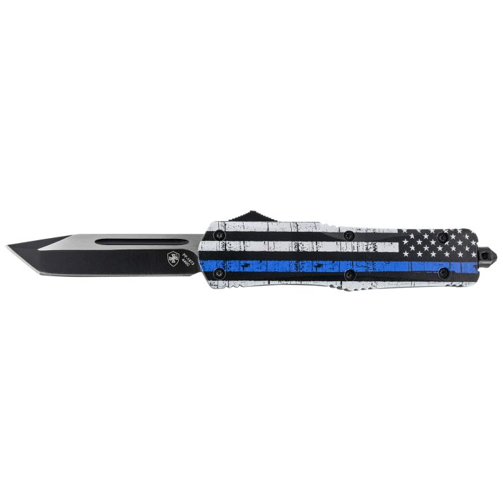 Templar Knife LBTB231 Gen II Back The Blue Large 3.50" OTF Tanto Plain Black Oxide Stonewashed 440C SS Blade, 5.25" Black & White w/Blue Line Aluminum Handle, Glass Breaker