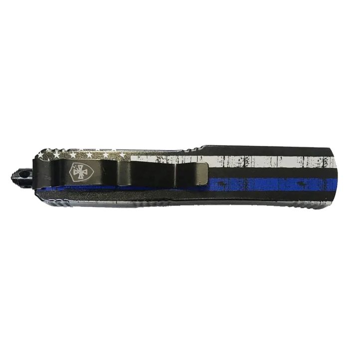 Templar Knife MBTB331 Gen II Back The Blue Slim 3.43" OTF Drop Point Plain Black Oxide Stonewashed 440C SS Blade, 5.05" Black & White w/Blue Line Aluminum Handle, Glass Breaker