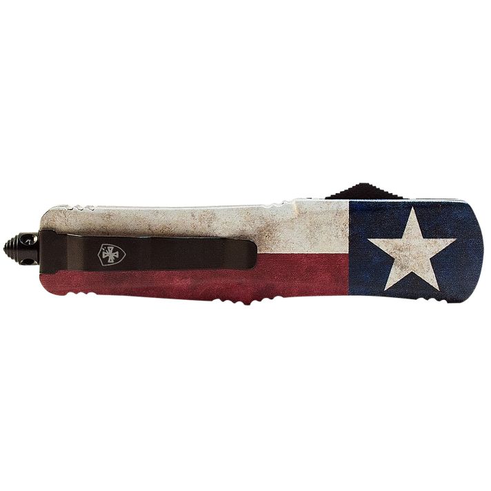 Templar Knife LCAP331 Gen II Captain Large 3.50" OTF Drop Point Plain Black Oxide Stonewashed 440C SS Blade, 5.25" Red/White/Blue w/Star Aluminum Handle Glass Breaker