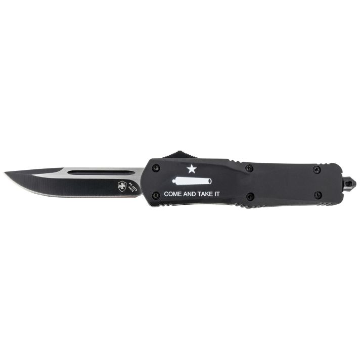 Templar Knife LCATI331 Gen II Come And Take It Large 3.50" OTF Drop Point Plain Black Oxide Stonewashed 440C SS Blade, 5.25" Black "Come And Take It" Aluminum Handle, Glass Breaker