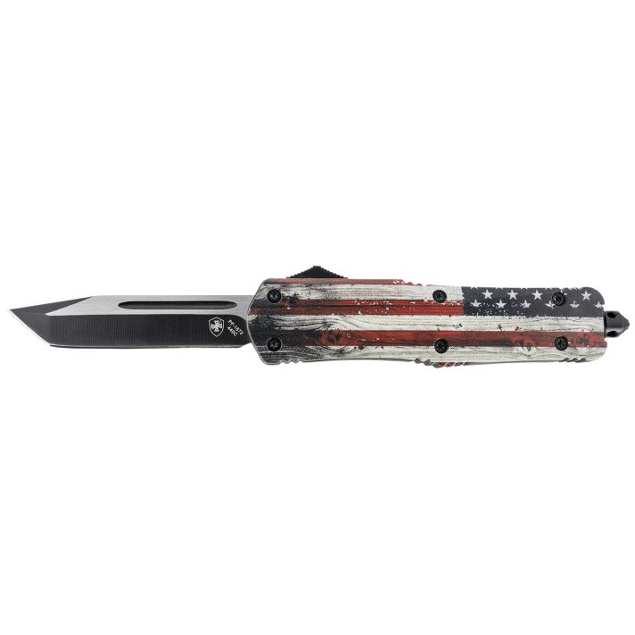 Templar Knife LWUS231 Gen II Wood US Flag Large 3.50" OTF Tanto Plain Black Oxide Stonewashed 440C SS Blade, 5.25" Painted Wood Grain US Flag Aluminum Handle, Glass Breaker