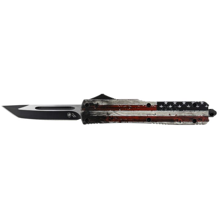 Templar Knife MWUS231 Gen II Wood US Flag Slim 3.43" OTF Tanto Plain Black Oxide Stonewashed 440C SS Blade, 5.05" Painted Wood Grain US Flag Aluminum Handle, Glass Breaker