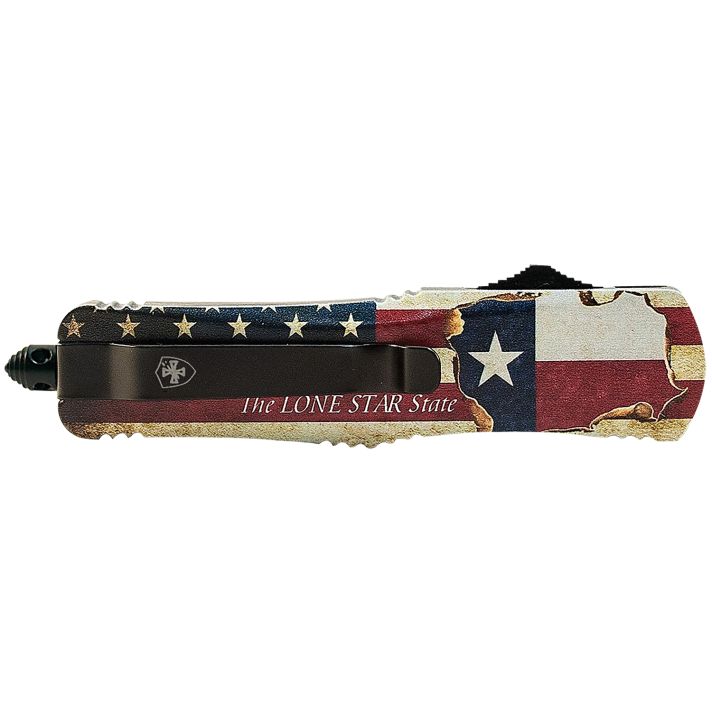 Templar Knife LTX631 Gen II Texan Large 3.50" OTF Drop Point Part Serrated Black Oxide Stonewashed 440C SS Blade, 5.25" Texas Flag Aluminum Handle, Glass Breaker