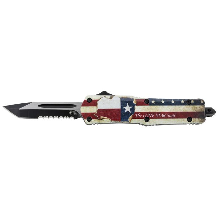 Templar Knife STX531 Gen II Texan Small 2.25" OTF Tanto Part Serrated Black Oxide Stonewashed 440C SS Blade, 4.31" Texas Flag Aluminum Handle, Glass Breaker