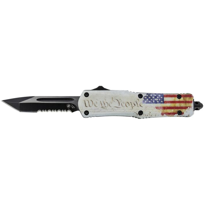 Templar Knife SWTP531 Gen II We The People Small 2.25" OTF Tanto Part Serrated Black Oxide Stonewashed 440C SS Blade, 4.31" White w/Flag & "We The People" Aluminum Handle, Glass Breaker