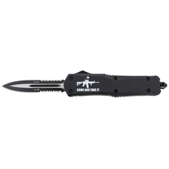 Templar Knife LAR15431 Gen II Come And Take It Large 3.50" OTF Dagger Part Serrated Black Oxide Stonewashed 440C SS Blade, 5.25" Black w/ "Come And Take It" AR-15 Gun Aluminum Handle, Glass Breaker