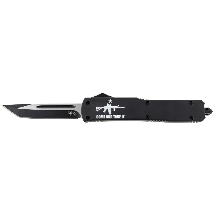 Templar Knife MAR15231 Gen II Come And Take It Slim 3.43" OTF Tanto Plain Black Oxide Stonewashed 440C SS Blade, 5.05" Black w/ "Come And Take It" AR-15 Gun Aluminum Handle, Glass Breaker