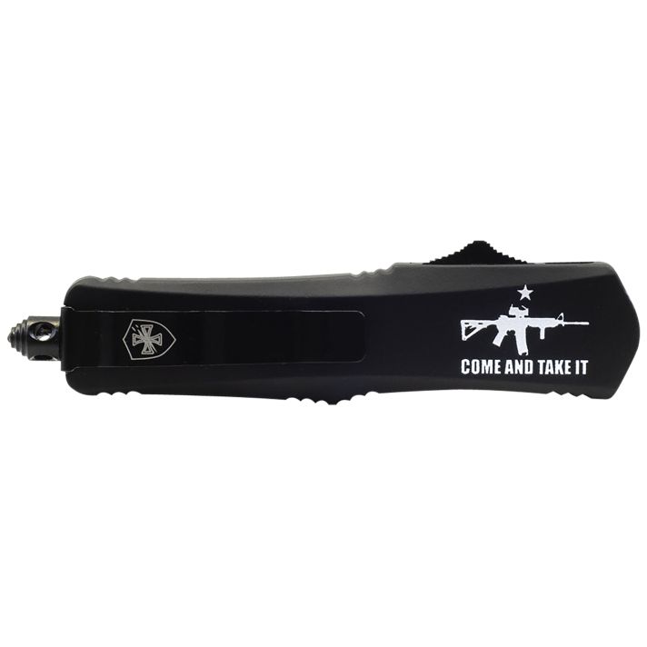 Templar Knife SAR15531 Gen II Come And Take It Small 2.69" OTF Tanto Part Serrated Black Oxide 440C SS Blade, 4.31" Black w/ "Come And Take It" AR-15 Gun Aluminum Handle, Glass Breaker