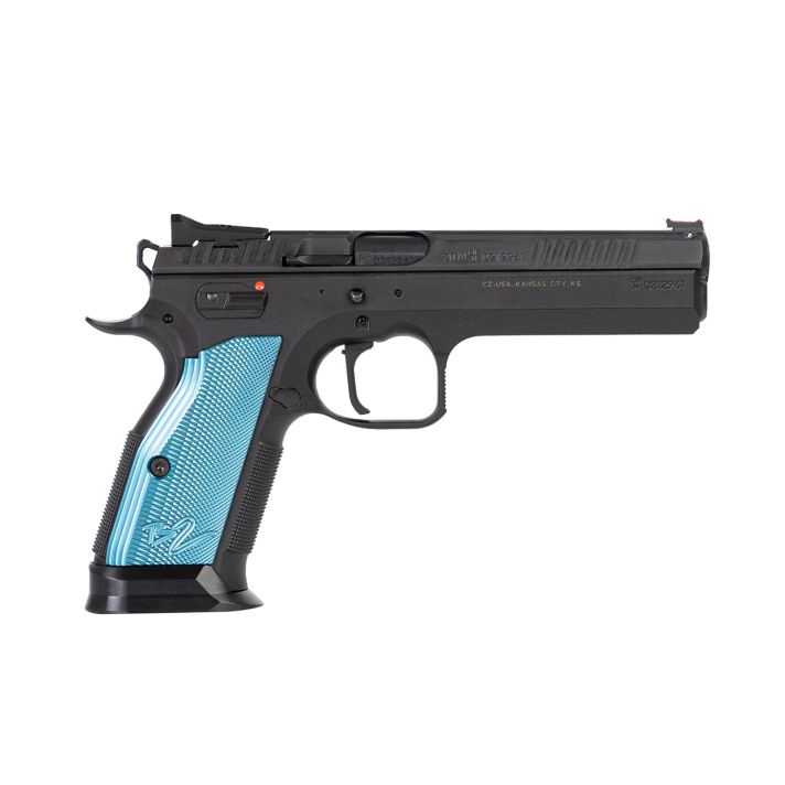 CZ-USA 91220 TS 29mm Luger 20+1 5.28" Blued Steel Barrel, Black Serrated Steel Slide, Black Polycoat Steel Frame w/Beavertail, Blue Checkered Aluminum Grip, Ambidextrous
