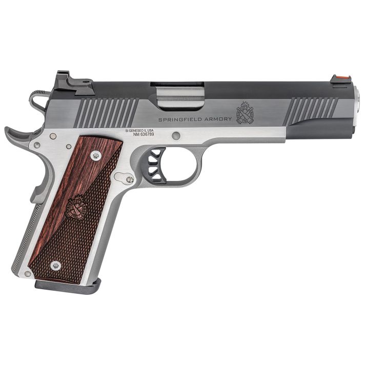 Springfield Armory PX9121L 1911 Ronin 10mm Auto 8+1, 5" Stainless Match Grade Steel Barrel, Blued Serrated Carbon Steel Slide, Stainless Steel Steel Frame w/Beavertail, Crossed Cannon Wood Grip