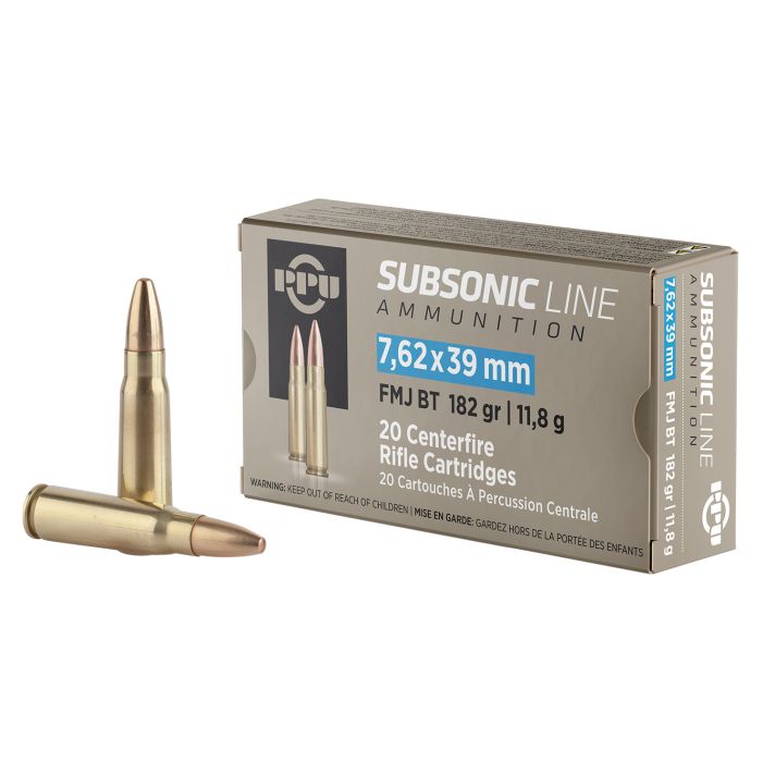 PPU PPS76239 Subsonic7.62x39mm 182gr Full Metal Jacket Boat Tail 20 Per Box/50 Case