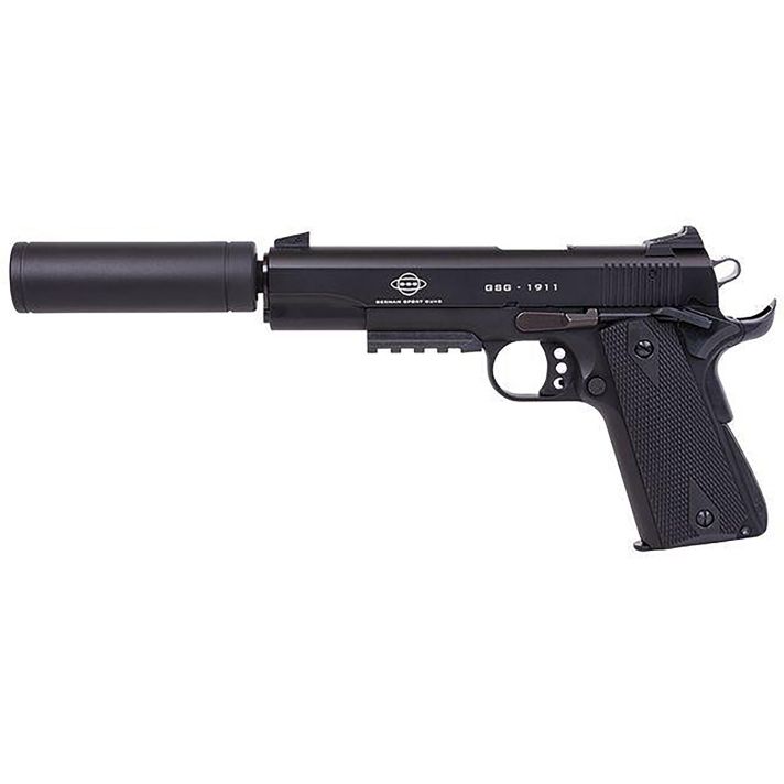 GSG G1911ADOPS 1911 ADOP 22 LR 10+1 5" All Black Steel/Threaded Barrel, Serrated Slide, Zinc Alloy w/Picatinny Rail & Beavertail Frame Black Polymer Grip, Faux Suppressor