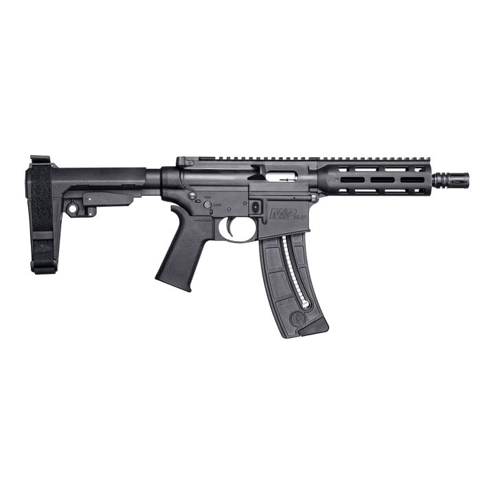 Smith & Wesson 13321 M&P15Pistol 22 LR 8" Black Carbon Steel Barrel 25+1, Black SB Tactical SBA3 Adjustable Arm Brace Stock, Black Magpul MOE Grip, Manual Safety, Optics Ready
