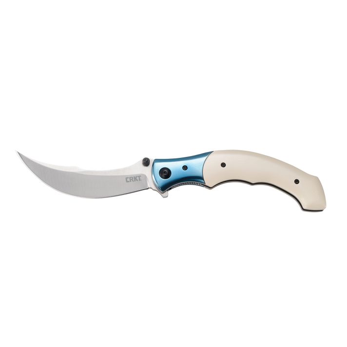 CRKT 7471 Ritual4.37" Folding Plain Satin 12C27 Sandvik Blade/ Ivory/Blue Resin w/SS Bolster Handle Includes Pocket Clip